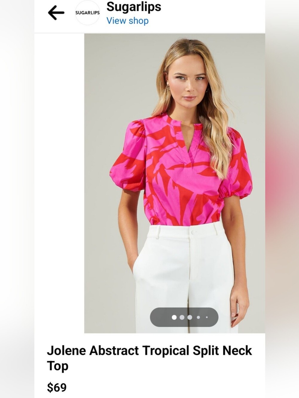 Sugarlips Pink and Red V-Neck Puff Sleeve Blouse